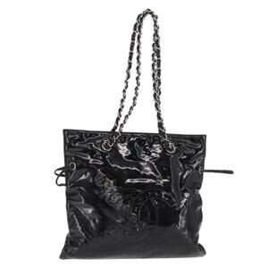 CHANEL Chain Tote Bag Patent leather Black Silver CC Auth 160254